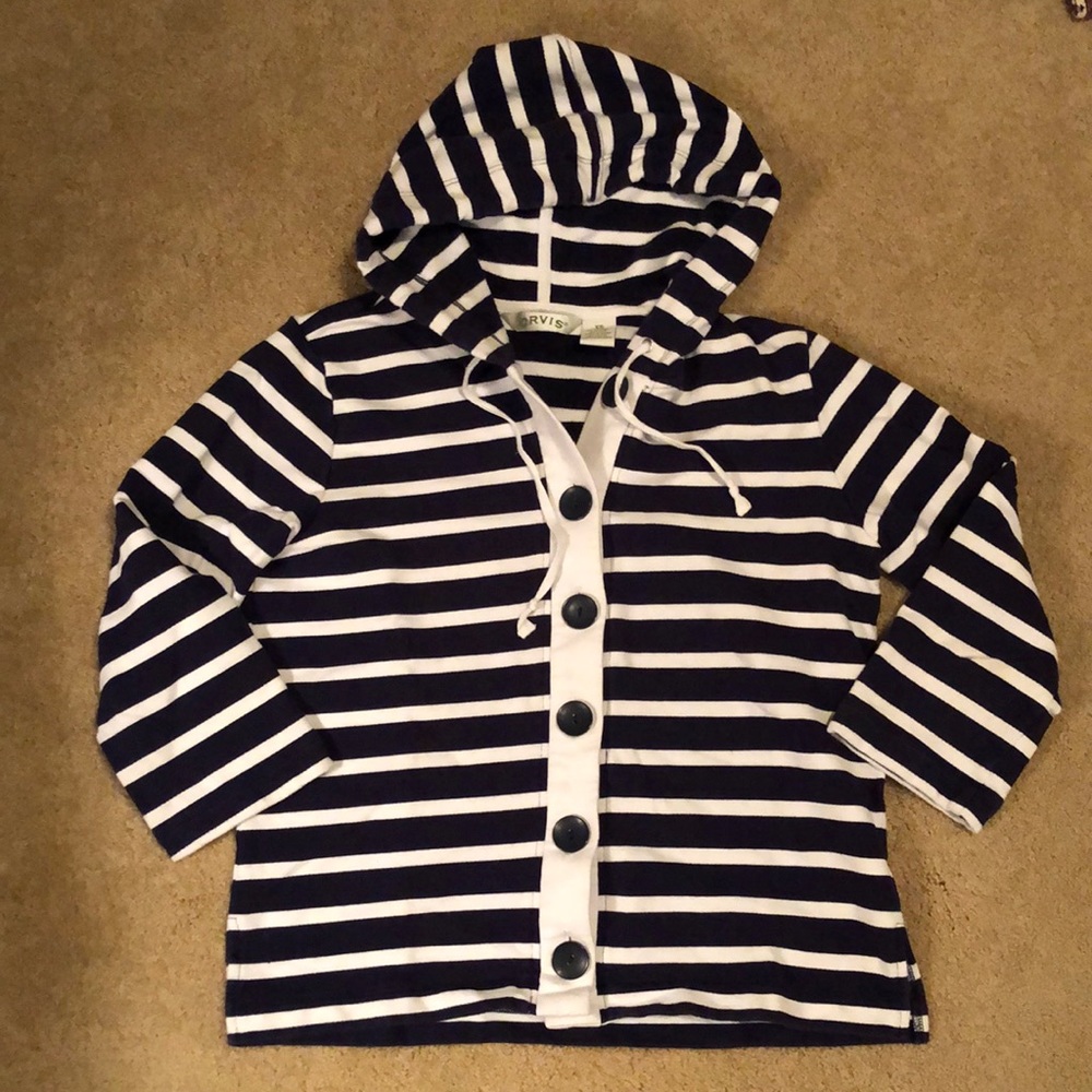 Orvis Button Up Navy and White Nautical Hoodie Sweatshirt